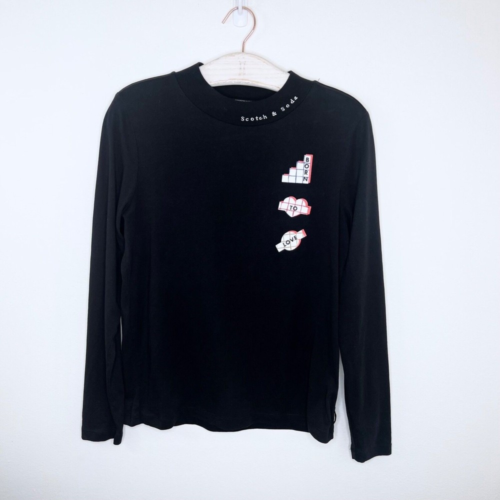Scotch & Soda Born To Love Mock Neck Long Sleeve Graphic Tee Size Medium